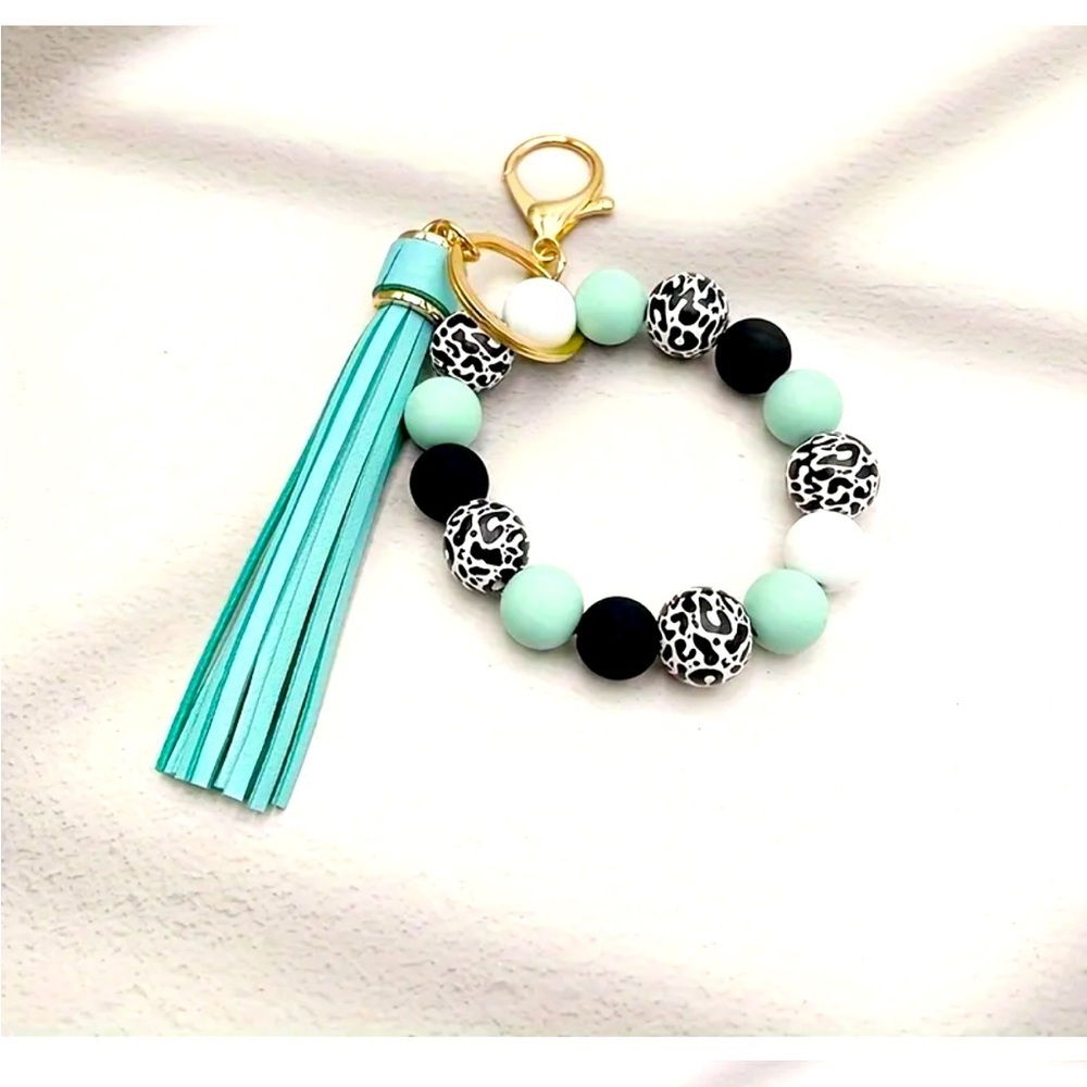 Mint and Black Beaded Tassel Keychain